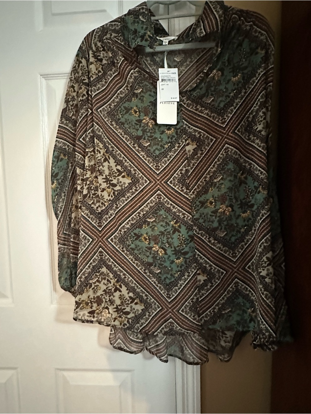 Pleione Mixed Floral Patchwork V-Neck Tunic Top - Green/Brown/Cream